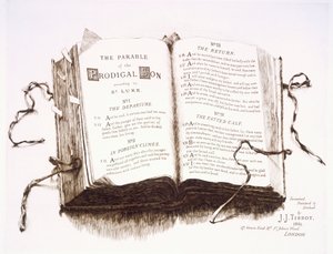 Una biblia abierta en la parábola del hijo pródigo, 1881